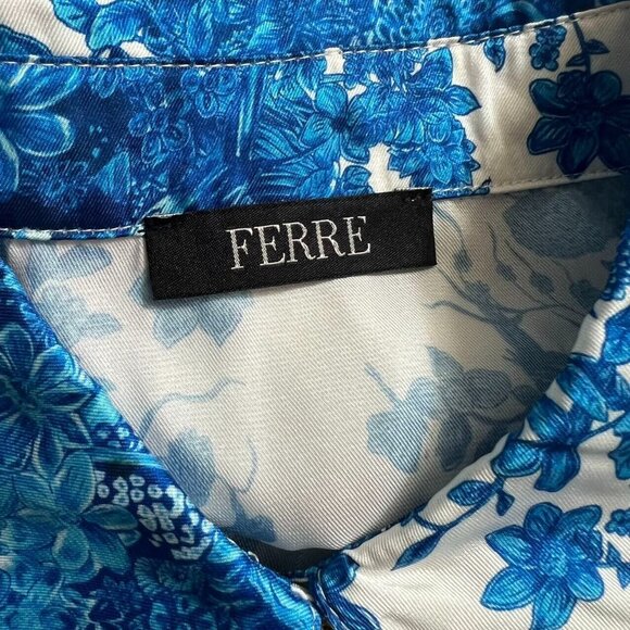 NWOT $631 FERRE Vintage Floral Print Blue Mini Shirt Dress Size IT50 - Picture 8 of 12